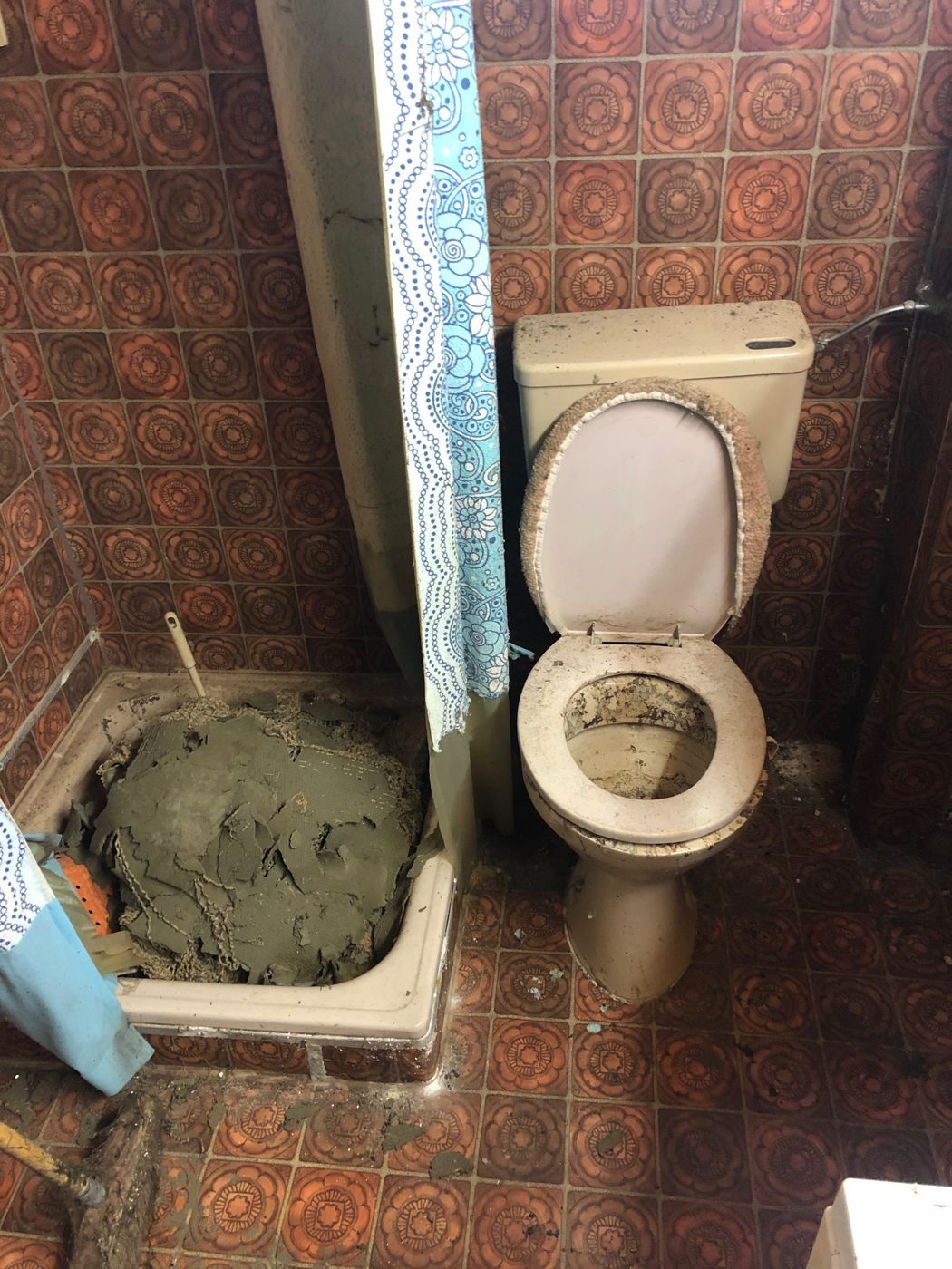 Altes Bad vor dem Abbruch: Duschtasse mit Bauschutt und WC