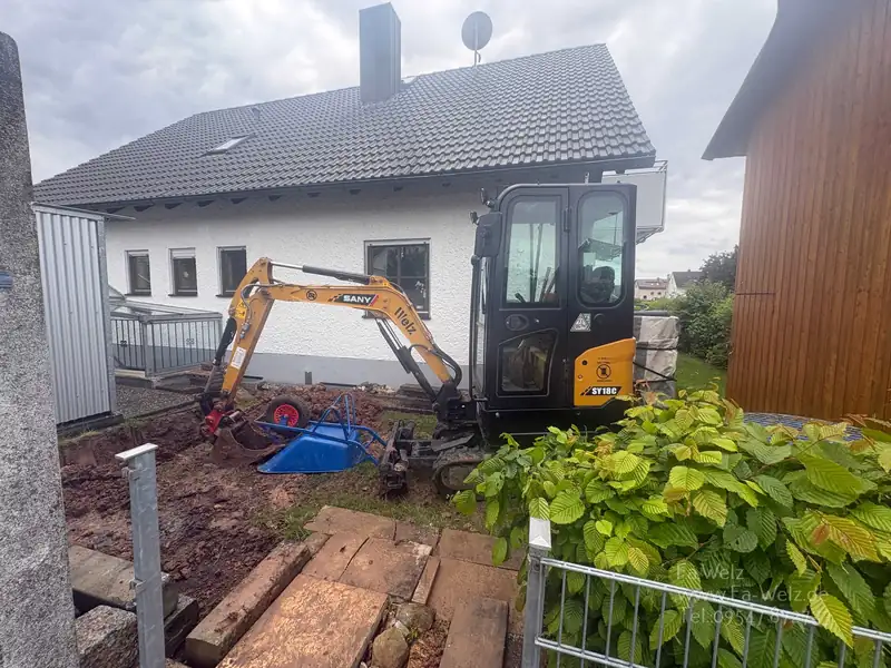 Fundament für Wärmepumpe – Erdarbeiten und fertiges Fundament (vorher)
